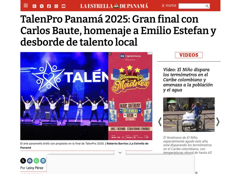 Fundaci&oacute;n Puertas Abiertas TalenPro Panam&aacute; 2025: Gran final con Carlos Baute, homenaje a Emilio Estefan y desborde de talento local